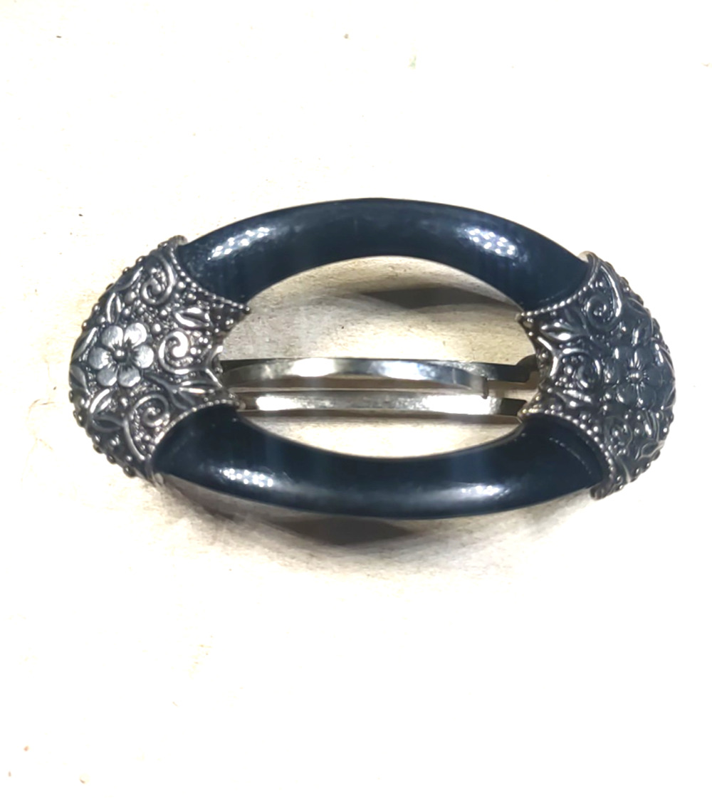 Black Silver Tone Hair Barrette Tension Clip Floral France Acrylic Metal Goth